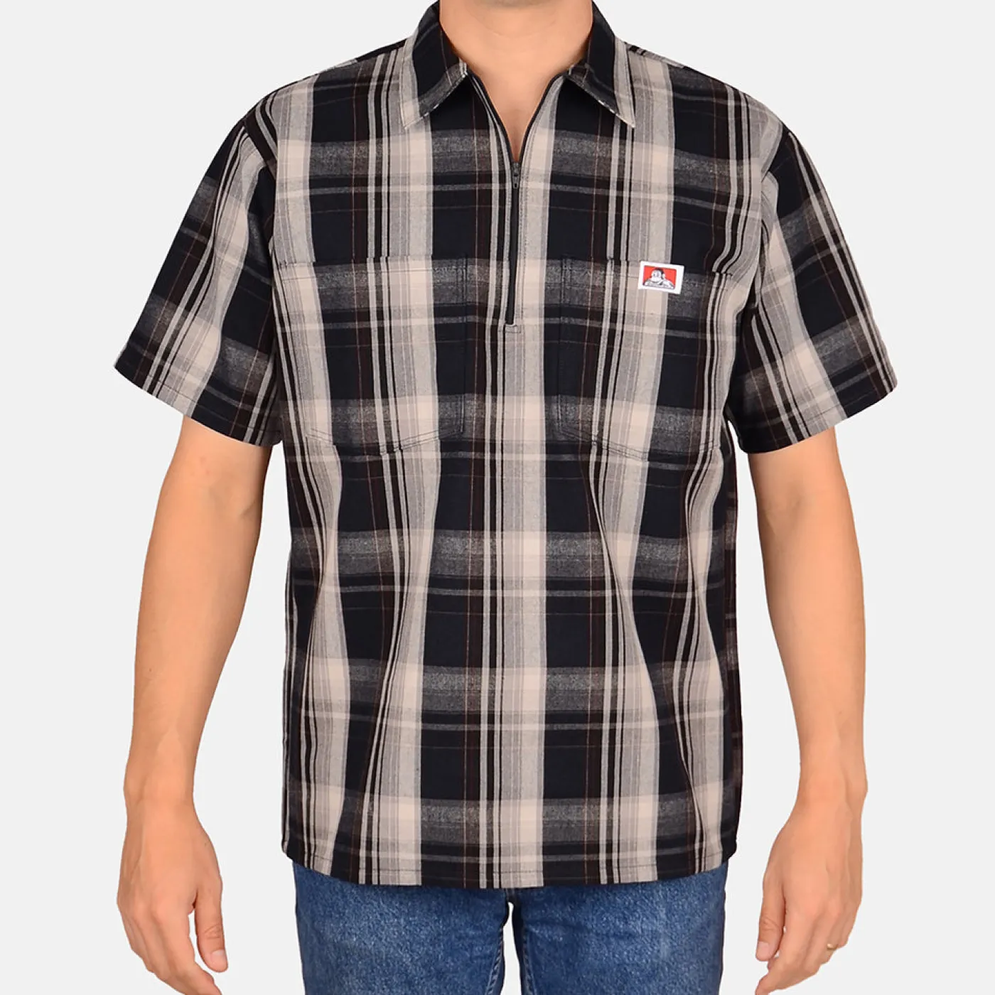 New Ben Davis Short Sleeve Plaid 1/2 Zip Shirt - Navy/Grey